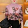 Clearance: Floral Print Plus Velvet Long-Sleeve Base Layer for Middle-Aged & Elderly Women, Semi-High Collar Top