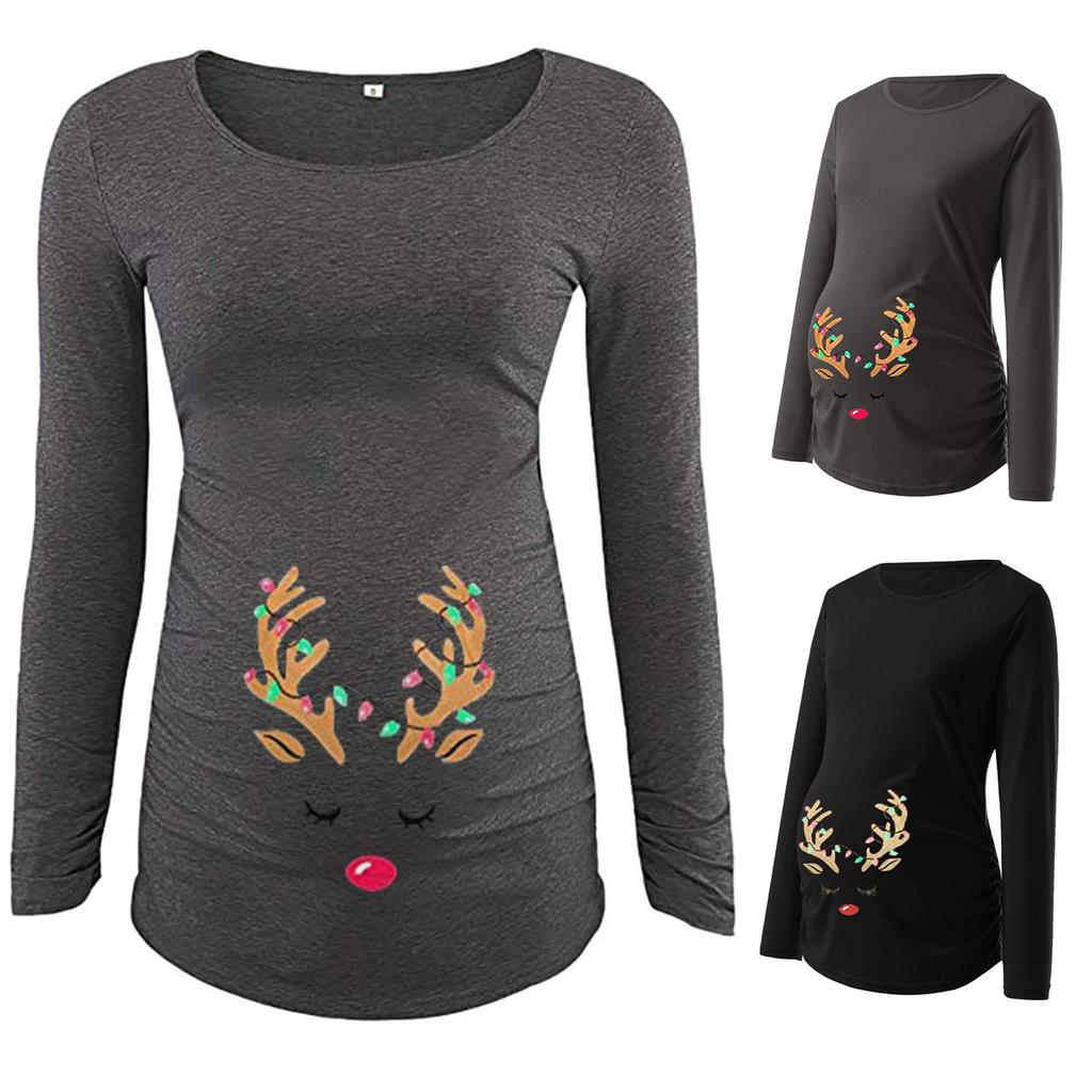 Women's Print Christmas Side Ruched Long Sleeve Maternity Top Pregnancy Clothes