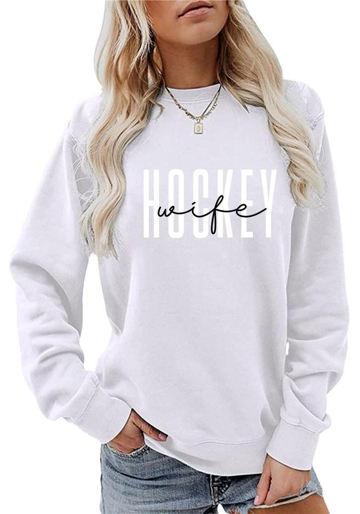 European & American Fashion Long Sleeve Loose Hoodie with 'Hockey Wife' Print for Women