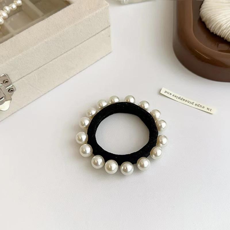 5pcs Korean Fashion Simple Pearl Scrunchie, Small Fragrant Wind High Elastic Head Rope, Thick Seamless Towel Circle Tied Head Ba