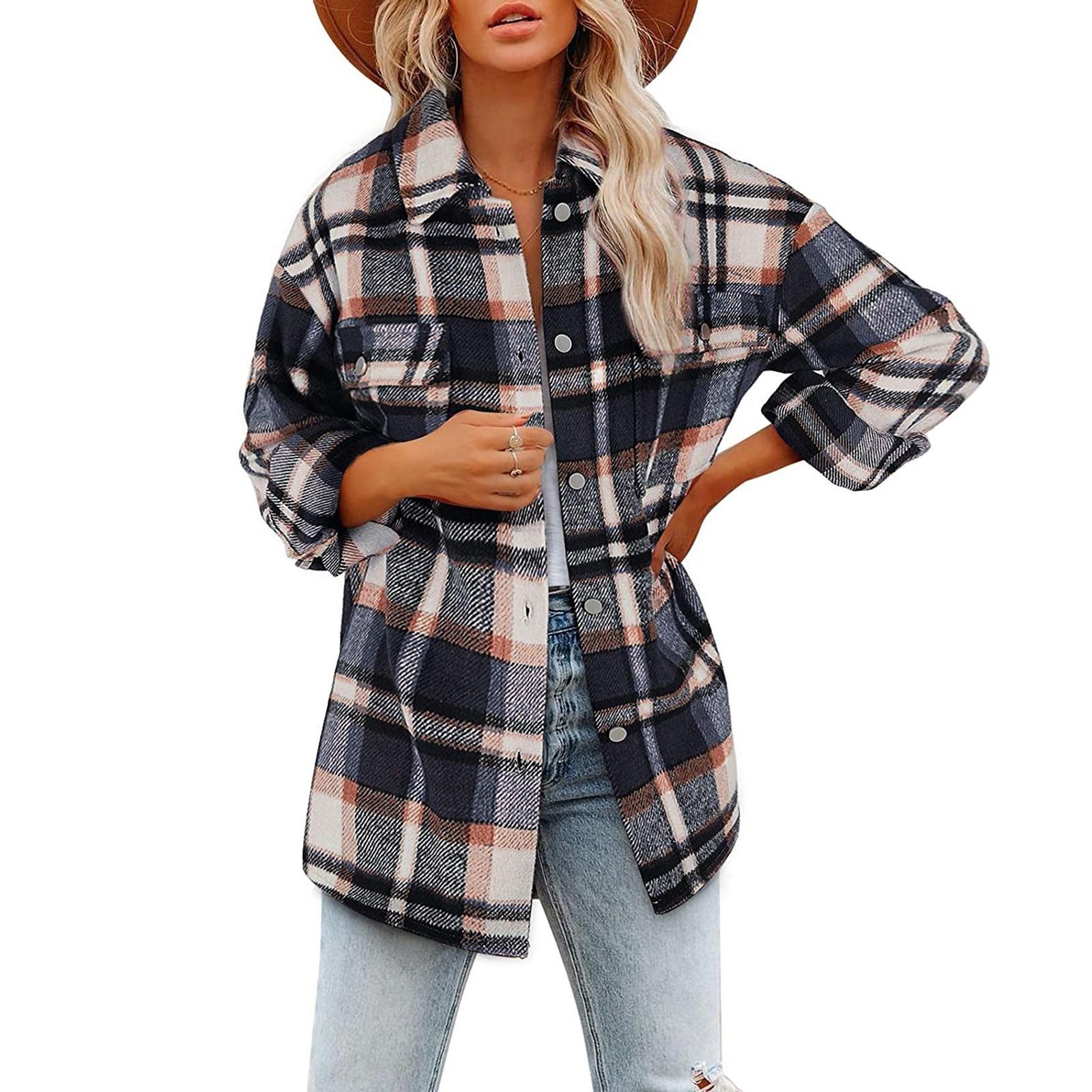 

Женские клетчатые рубашки с начесом, фланелевая куртка с длинными рукавами и лацканами на пуговицах и карманами, пальто XXL синий