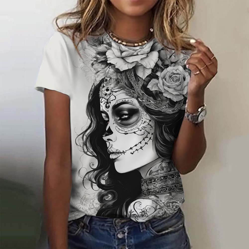 Girls' short sleeve women's T-shirt, casual sexy summer Day of the Dead skeleton pattern loose top.