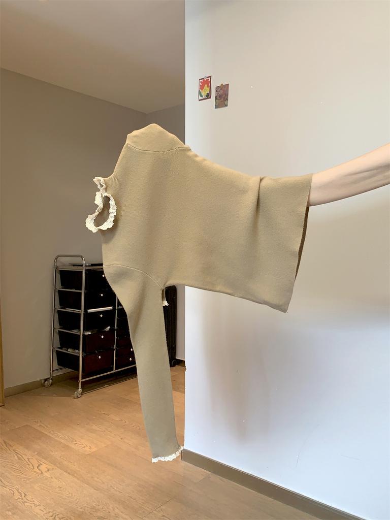 Lace semi-turtleneck knitted sweater women's autumn and winter slim-fitting and thin shoulder long-sleeved bottoming sweater basic top