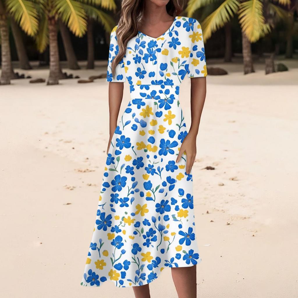 Damen Freizeitmode Kleid mit Blumendruck, V-Ausschnitt, kurzen Ärmeln und taillenlang