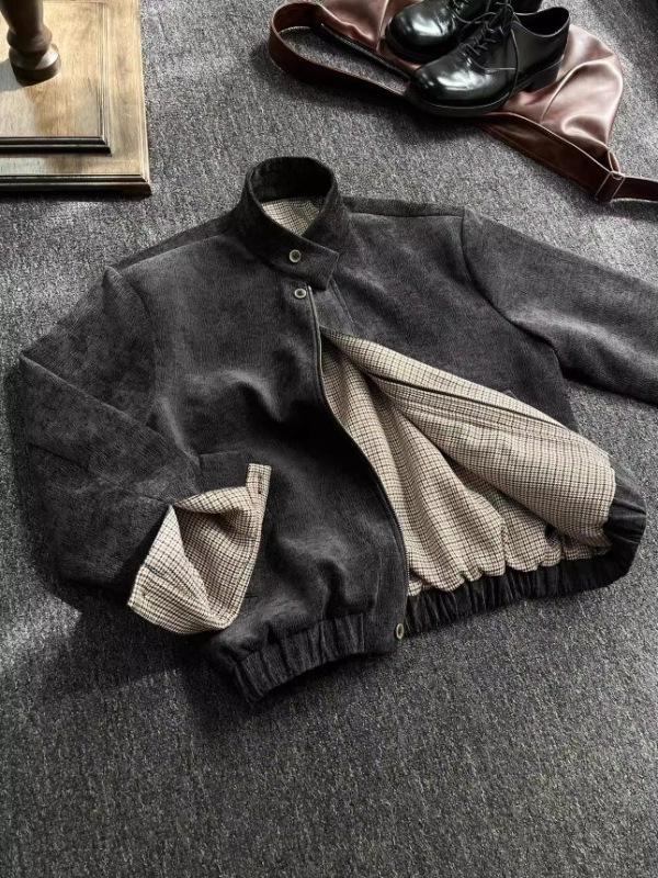 Men's Houndstooth Harrington Jacket: Retro Wood Grain, Short Stand-Up Collar, Spring/Autumn High-End Design.