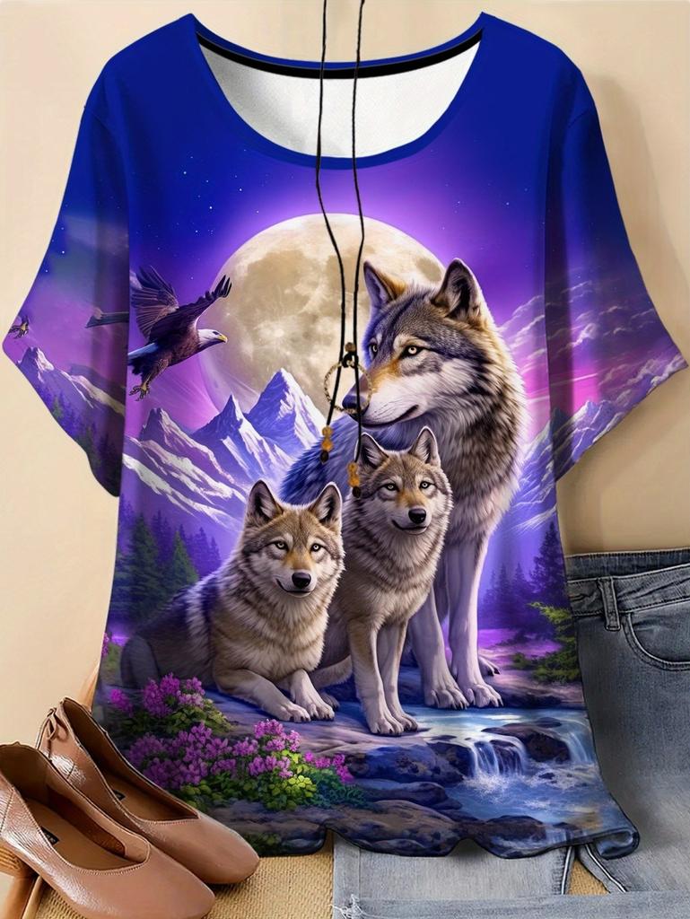 Neues Damen T-Shirt 3D Wolf Druck Rundhals Kurzarm Mode Grafik T-Shirts Lustige Streetwear Tops Y2k Lockeres T-Shirt Damen Kleidung
