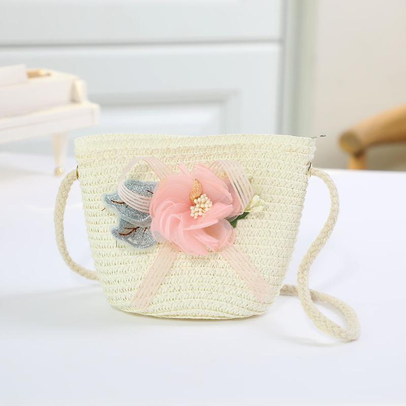 Borsa in paglia con cerniera e fiore per bambina, simpatici accessori per foto, borsa a tracolla intrecciata a mano per bambini, cestino portaoggetti, portamonete, borsa a tracolla