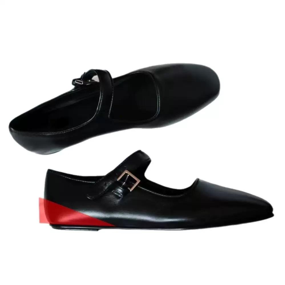 Sheepskin version~ inner height increase leather Mary Jane shoes women's flat bottom shallow mouth single shoes one word with wedge heel ladyshoes sm