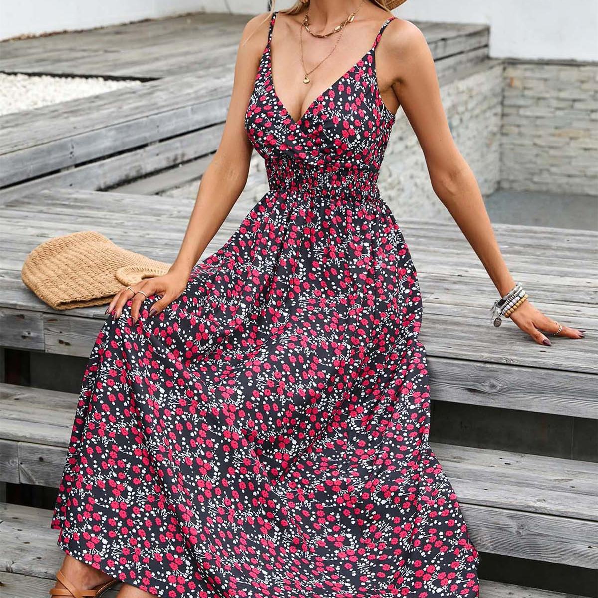 

QICED женские модные летние весенние повседневные платья без рукавов с v-образным вырезом и цветочным принтом XXL фиолетовый