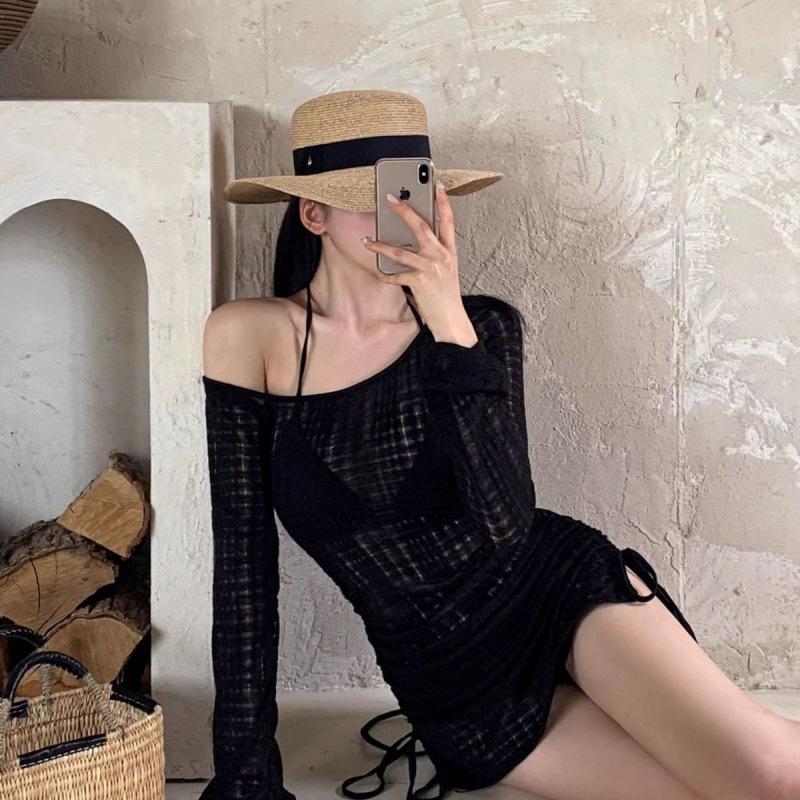 

New split swimsuit women s niche simple sexy spice girl long-sleeved slanted shoulder blouse to cover the belly and look thin hot spring three-piece XL чорний