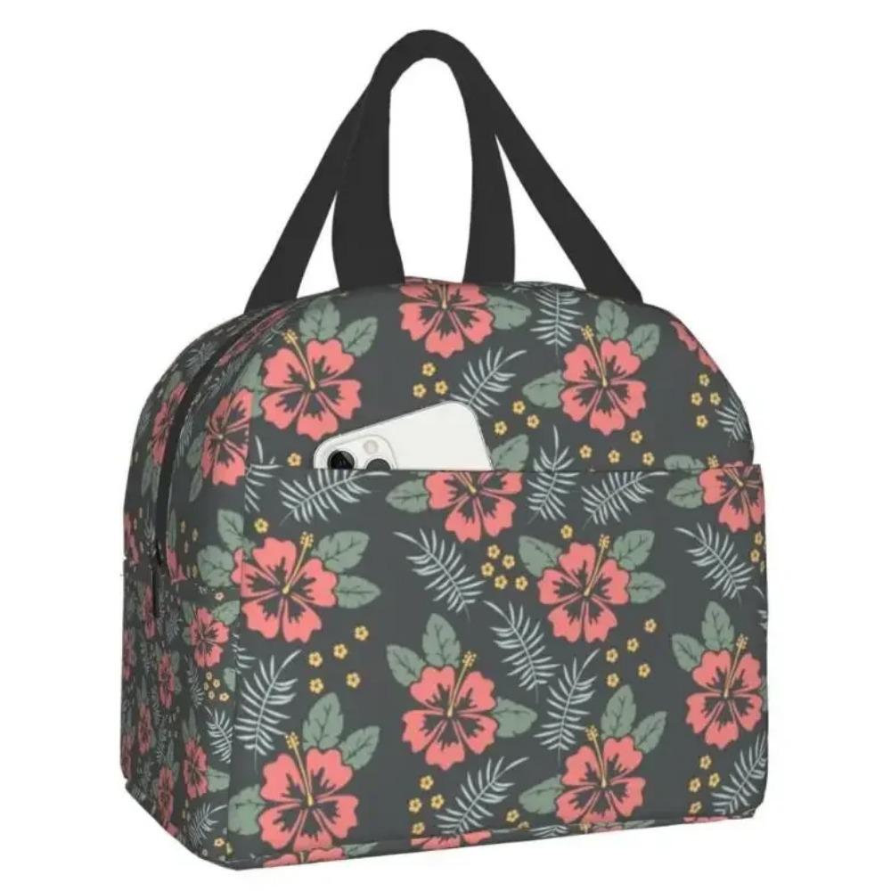 Red Hibiscus Large Insulated Lunch Bag Blue Tropical Leaves Hawaii Floral Lunch Box for Boys Girls Men Women Work Shcool Picnic