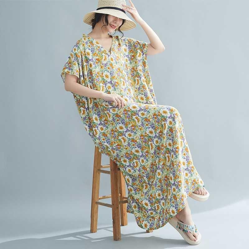 Boho Summer Dress Relaxed V-Neck Printed Maxi Dress In Soft Rayon