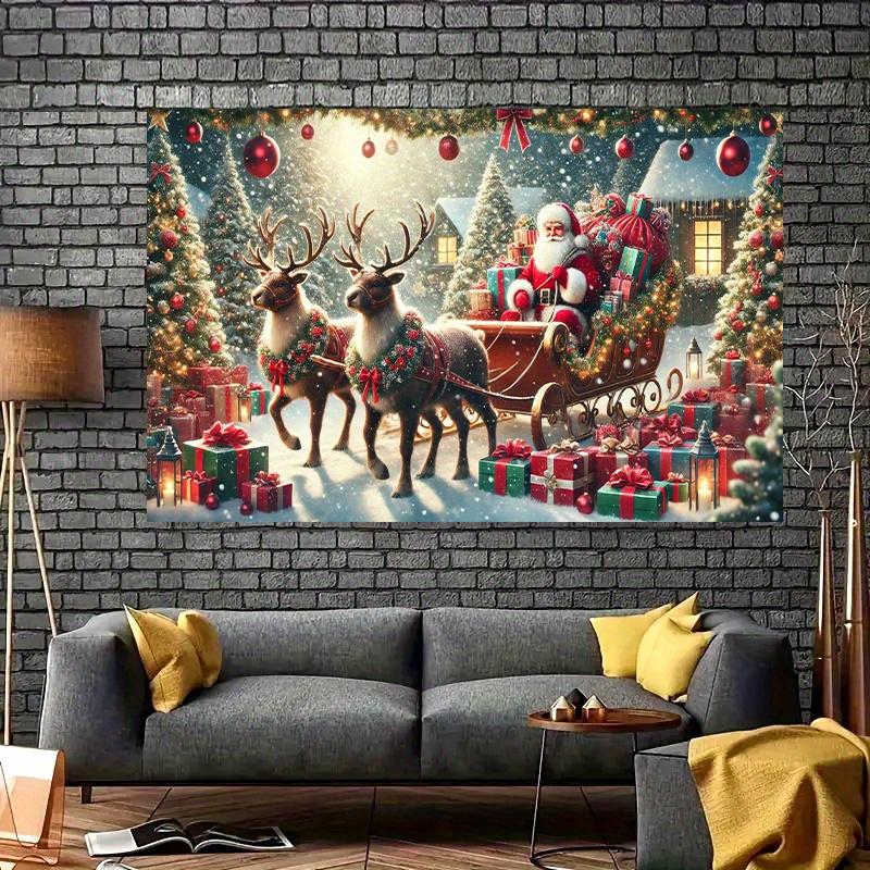 1 Piece Holiday Santa Claus Sled Background Cloth - Santa Claus and Reindeer Snow Scene Durable Indoor and Outdoor Decoration