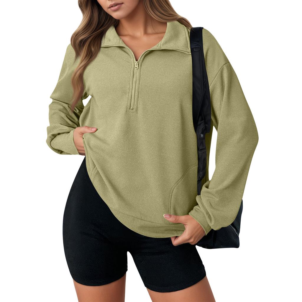 Women's Fashion Solid Color Zipper Lapel Solid Color Casual  Sweatshirt Top