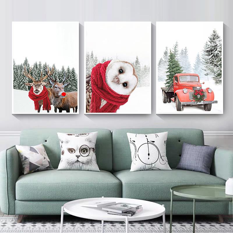 Vánoční dekorace Zimní sob Sova Sníh Les Fototapeta Nástěnná malba Severské umění Plakáty a grafiky Obývací pokoj Dekorativní fototapeta