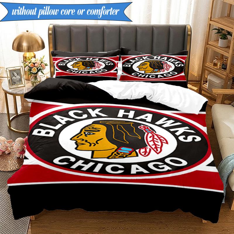 3PCS Chicago-Blackhawks Logo Bedding Set,Including 1pc Duvet Cover And 2pcs Pillowcases Perfect for Bedroom, Dormitory, Fan Christmas Gift
