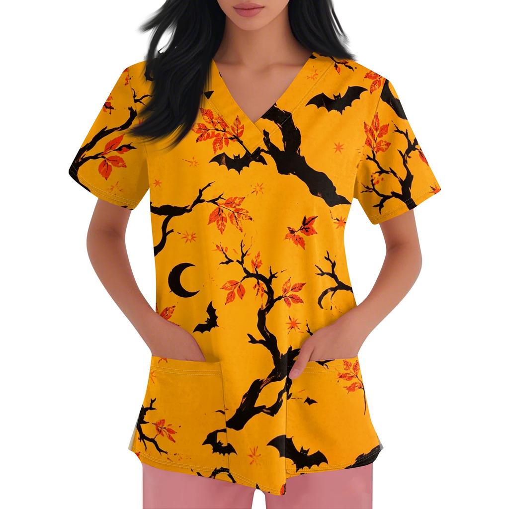 Women Short Sleeve Halloween Print V Neck Pocket Medical Scrub Top Nurse Uniform Shirt Comfortable Fit Durable Fabric