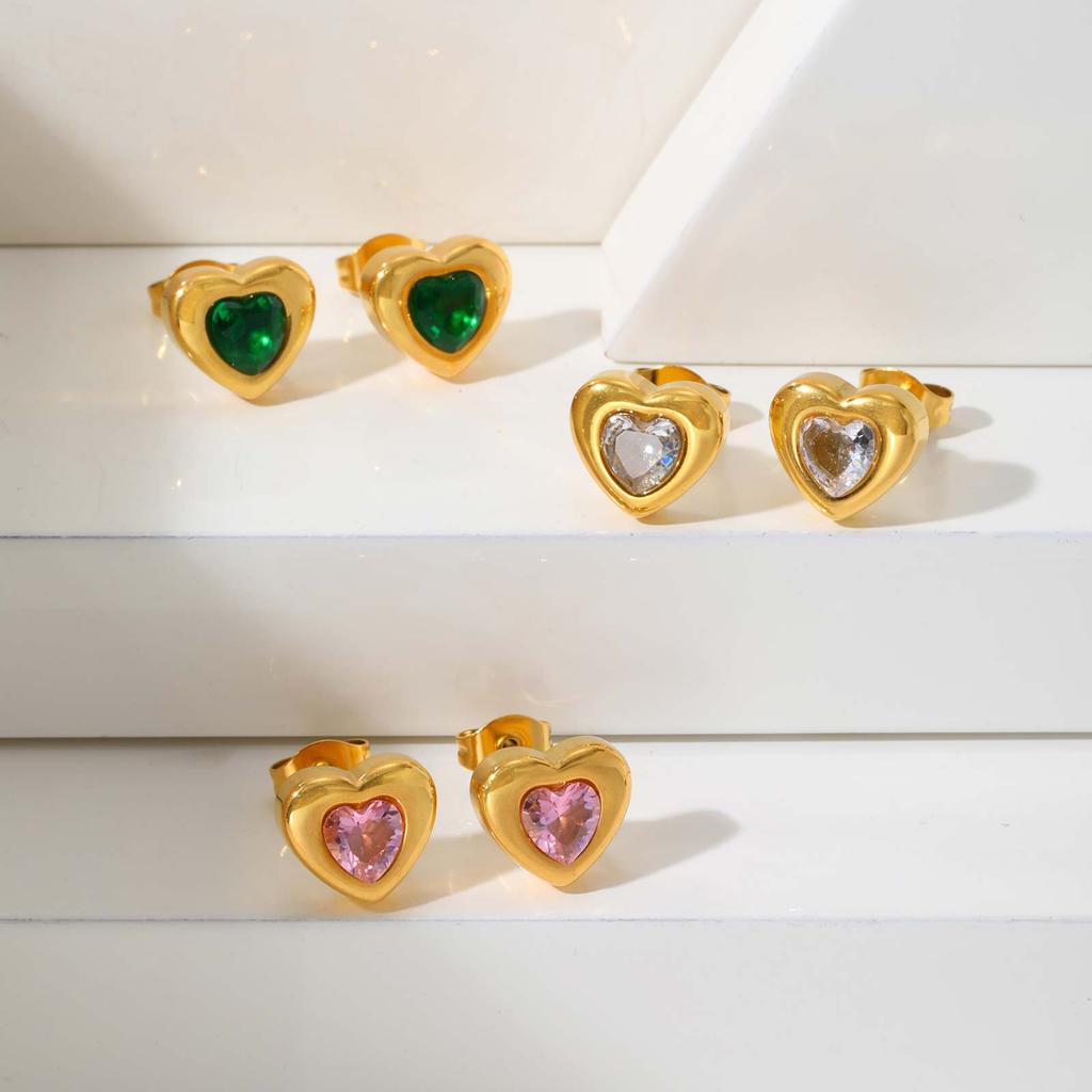Chic Heart-shaped Zircon Stud Earrings,Gold Plated Stainless Steel Waterproof Earrings for Women,Exquisite Jewelry Gift
