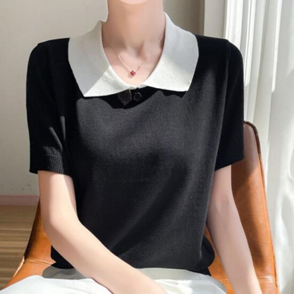 Navava Women Simple Daily Solid Collar ShorT Sleeve KniT T Nk2958