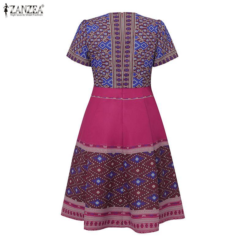 ZANZEA Women Casual Square Collar Short Sleeve Retro Print A-Line Dress