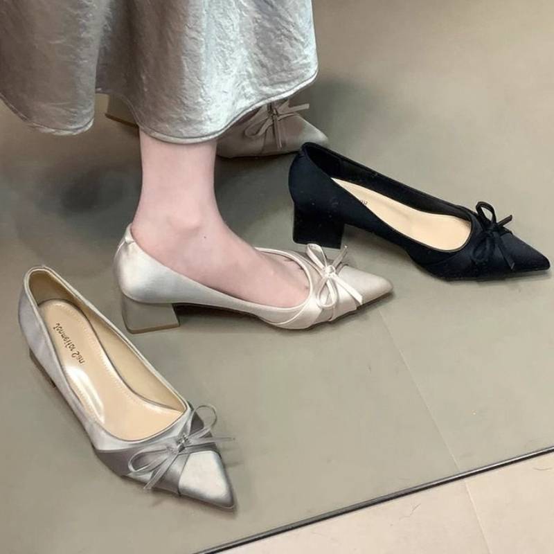 Butterfly Knot Flat Shoes For Women Spring Pu Slipon Low Heel Pointed Toe