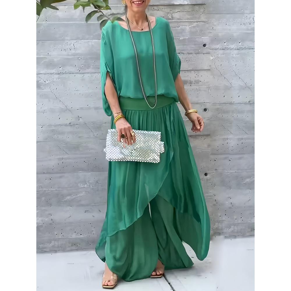 Europe, America 2026 Summer New Station Loose Comfortable Top Split Wide Leg Pants Chiffon Casual Suit
