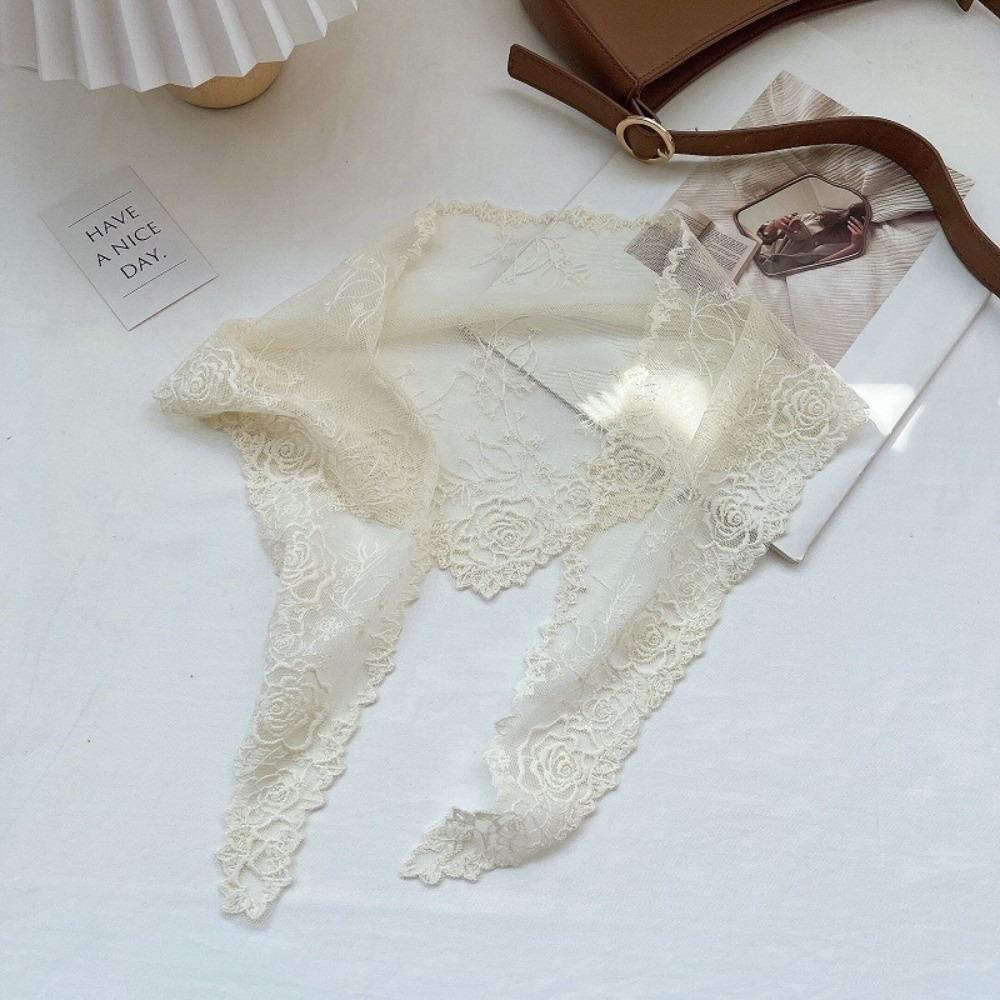 

Versatile Elegant Silk Scarf Retro Solid Color Triangular Scarf Flower Embroidered Breathable Lace Scarf for Women бежевый