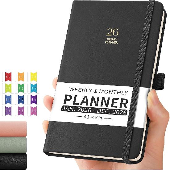 2026 Pocket Calendar for Purse - 4.3" x 6" A6 Small Mini Weekly and Monthly Planner, Jan-Dec 2026, 100GSM Thick Paper, Leather Hardcover, Colorful