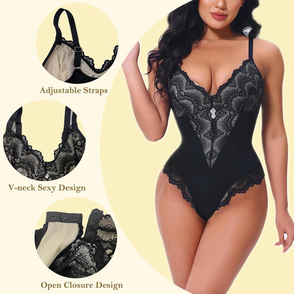Lace Shapewear Bodysuit for Women Tummy Control Full Body Shaper V-Neck Backless Tank Tops One Piece Body Shaper Thong Sculpting Bodysuit