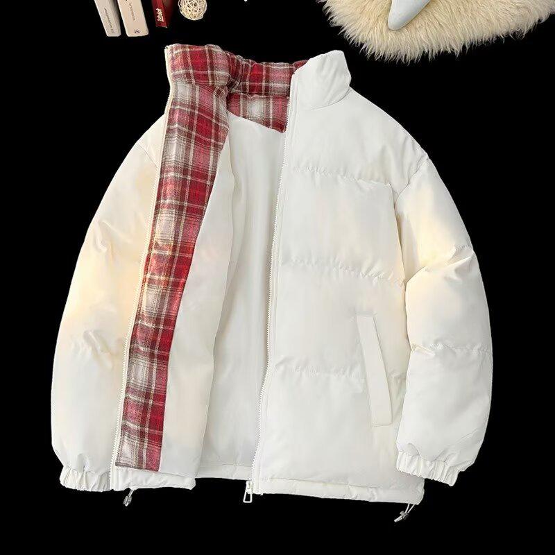Unisex Black Plaid Patchwork Cotton Jacket – Warm Stand Collar Winter Outerwear