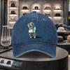 Chubby Cat Print Washed Denim Baseball Cap Adjustable Casual Streetwear Hat Unisex