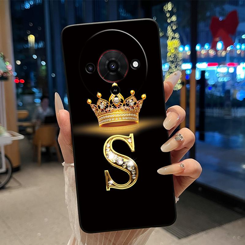 Elegant Simple Crown Initial Letter Case For ZTE Blade A76 5G Soft Silicone Black Case Shockproof Shell ZTE Blade A76 5G Casing