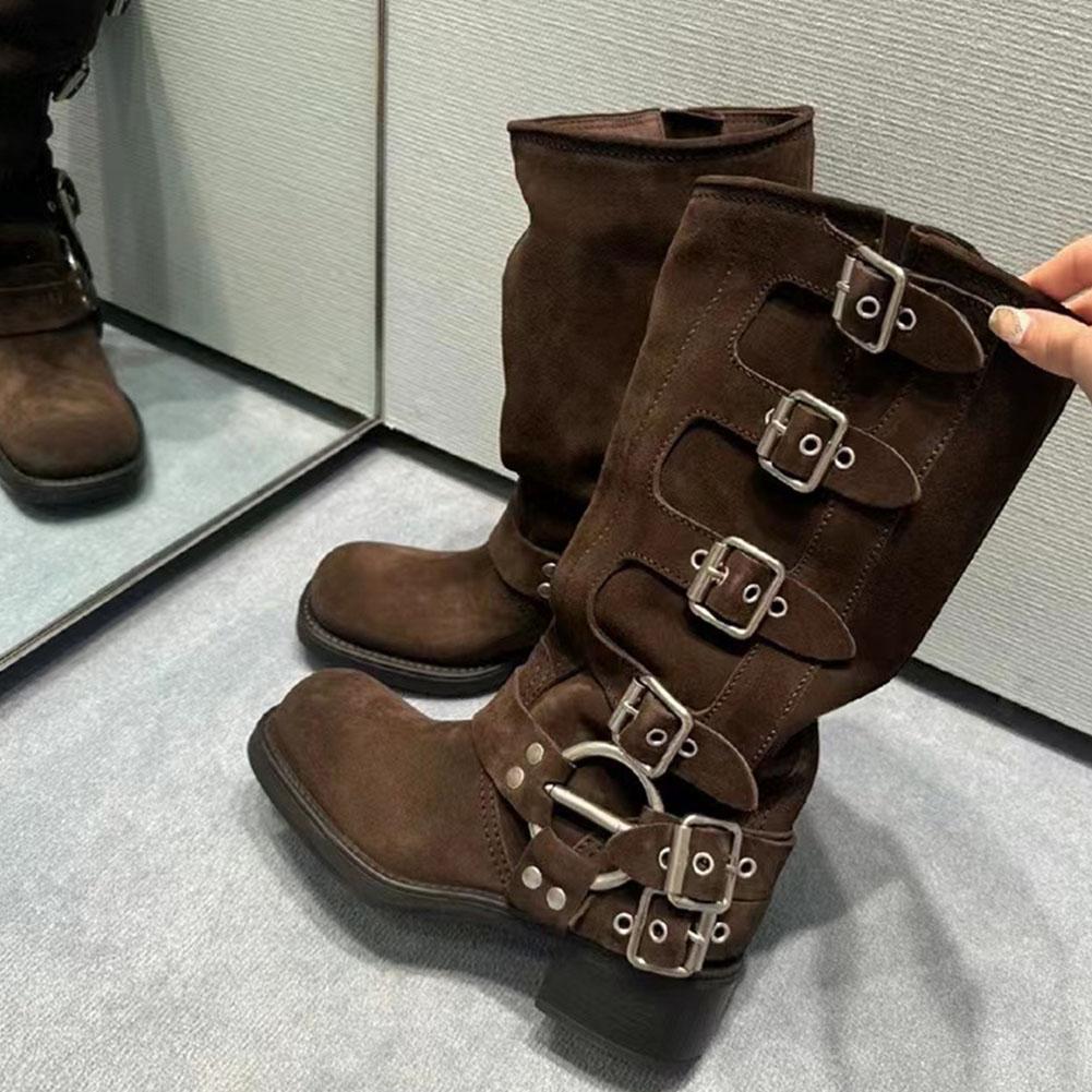 Genuine Leather Cow Suede 2023 Brand Designer Buckles Street Riding Boots Flock Knee High Motorcycles Boots Women Shoes
