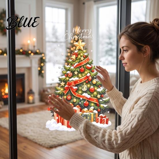 Reusable Static Stickers Christmas Tree Window Cling Xmas with Colorful Balls and No Glue Gift Boxes Holiday PVC Decals for Glass Doors Showcases