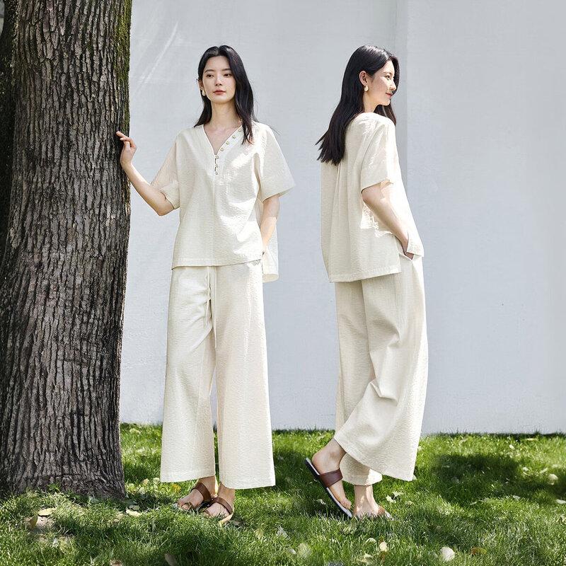 IHIMI Women's Cloud Soft Cotton Short Sleeve Top & Wide-Leg Pants Set