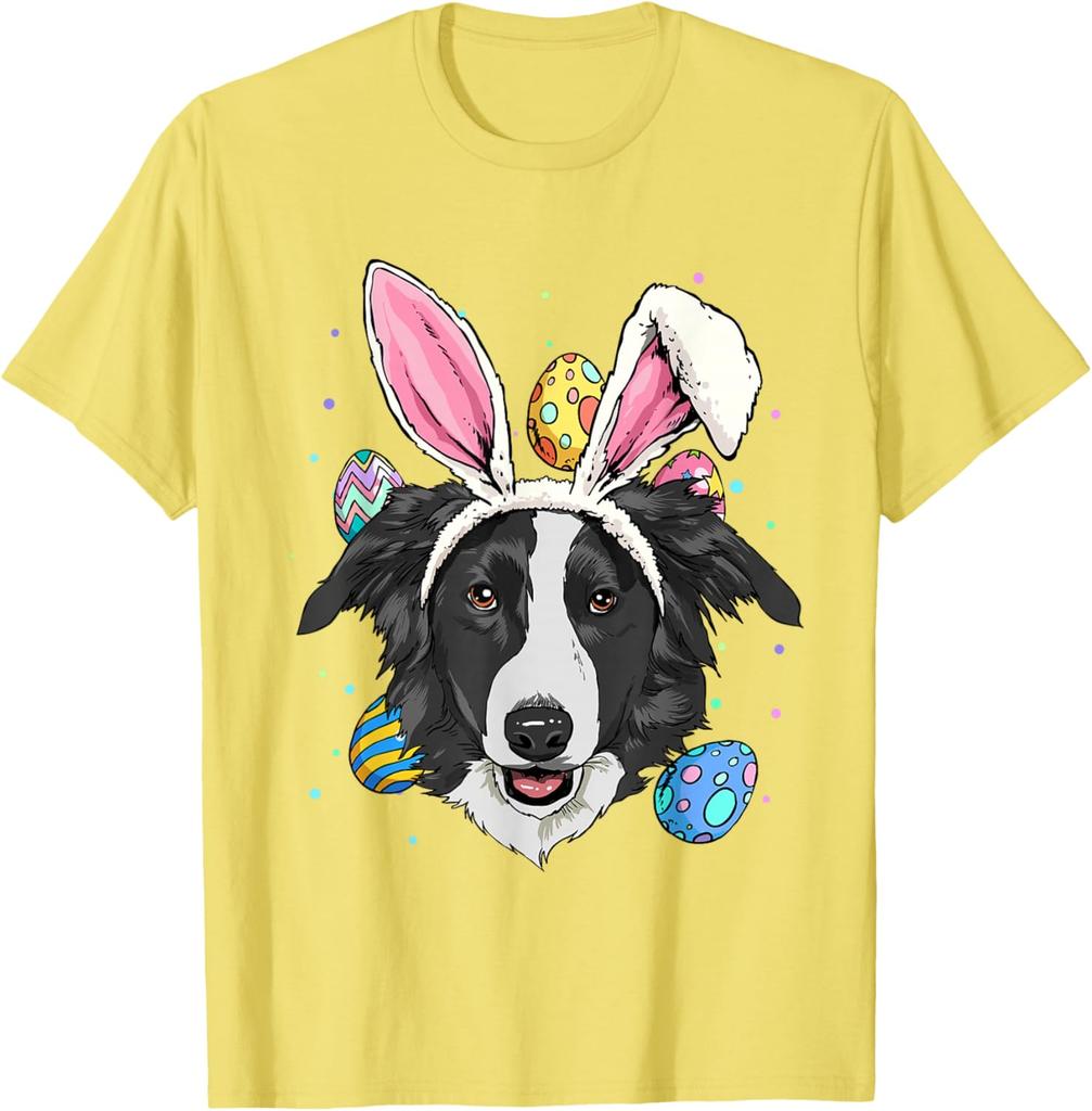Border Collie Bunny Easter Eggs Dog Lover Graphic Tee Men Casual Trip T-Shirt