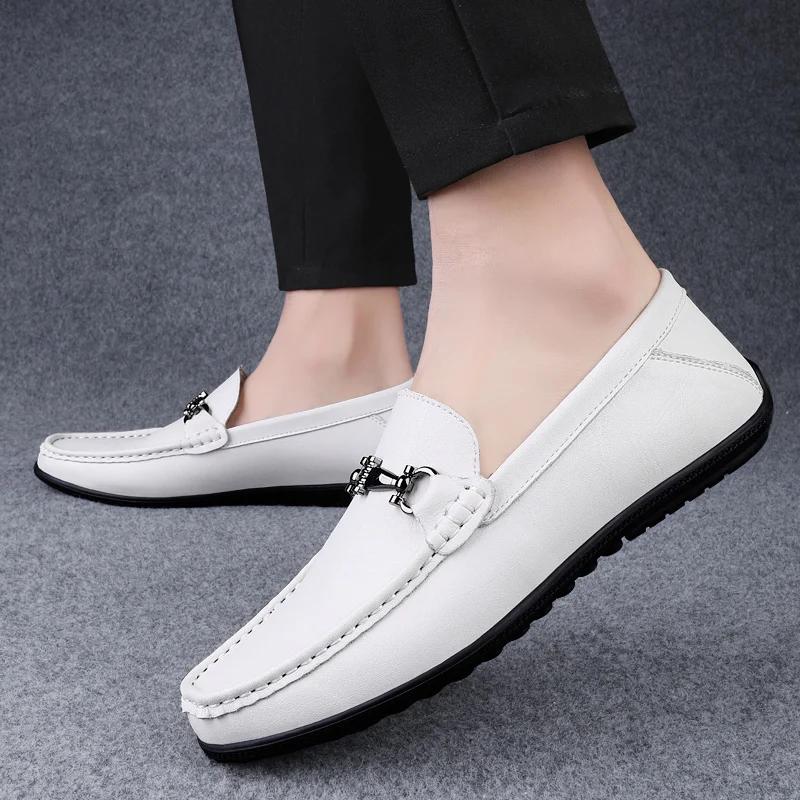 Summer Metal Buckle Business Casual Shoes Adult Men's Genuine Leather Loafers Shoes Soft Sole Comfortable Moccasin Driving Shoes