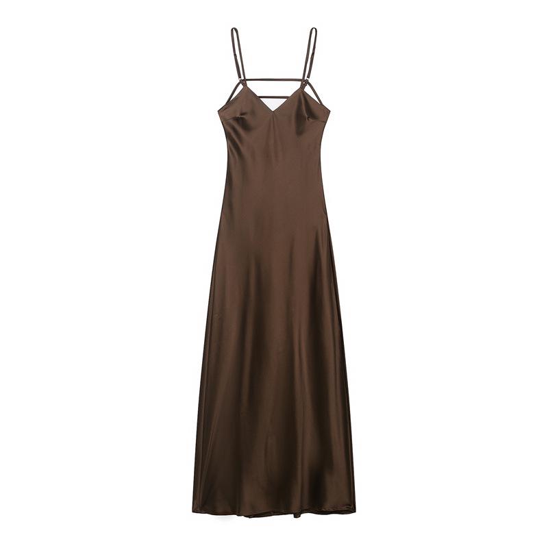Winter 2025 European & American Style Women s Sexy Silk Satin Dress L коричневый