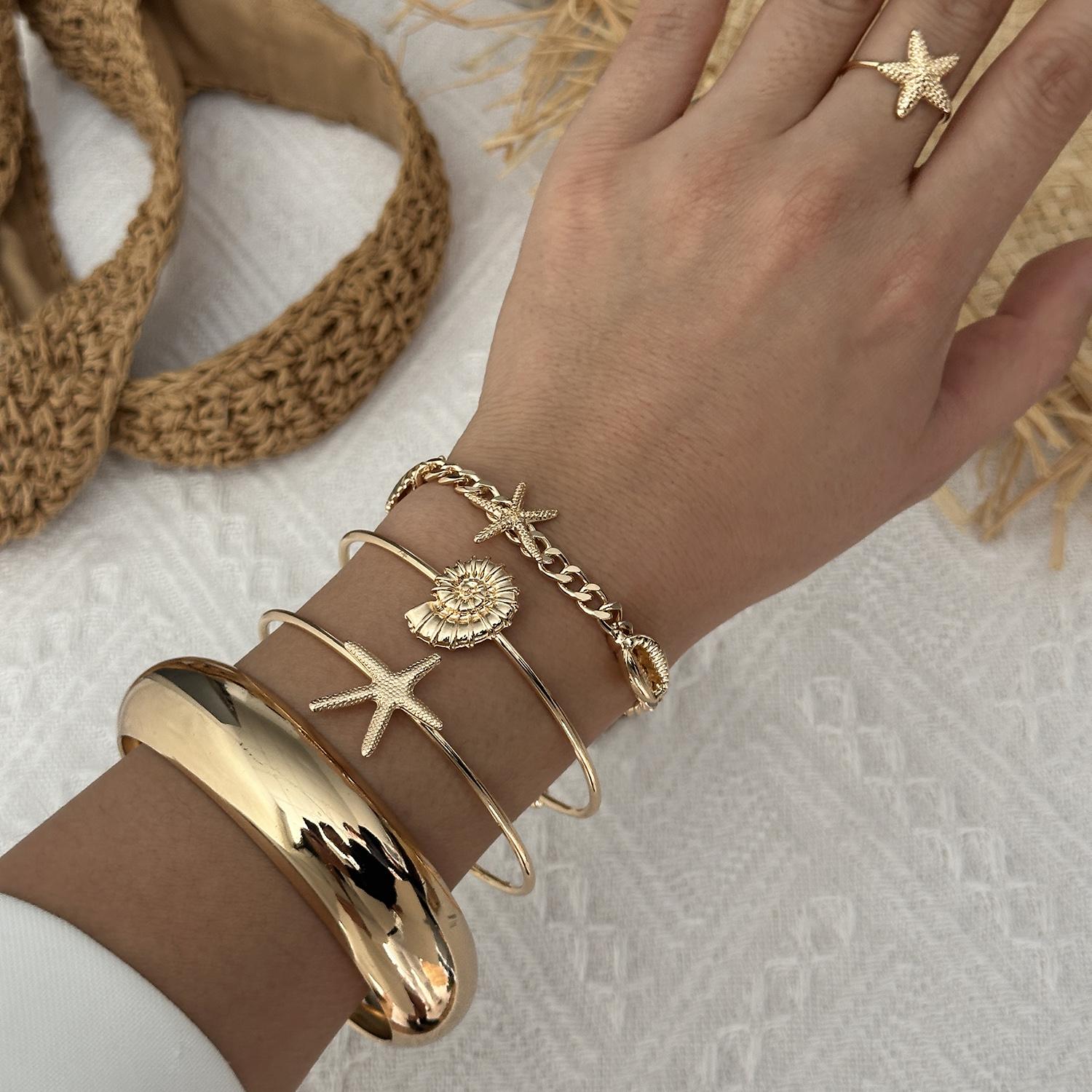 

Coastal Chic Gold Color Cuff Bracelet Set for Women Minimalist Statement Bangle Sea Shell Starfish Ring Timeless Summer Jewelry