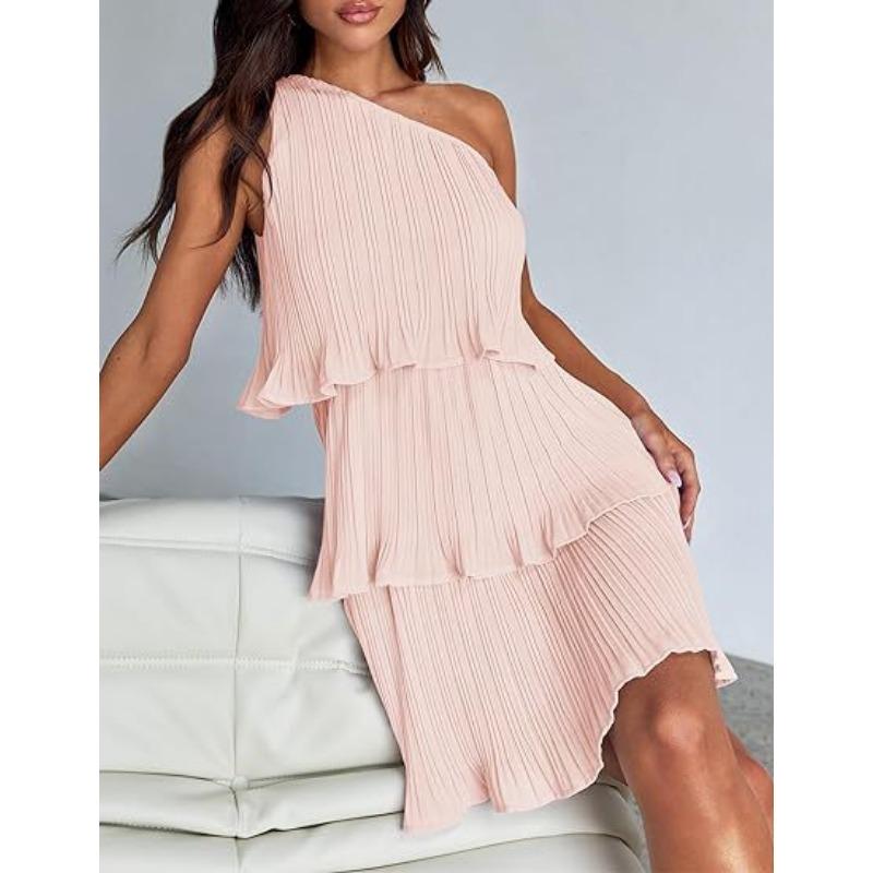 VEZFAA Women's Fashion Summer Spring Solid Color Print Sleeveless Oblique Collar High Waist Casual Dresses