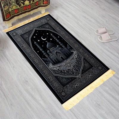 Tappeto da Preghiera Islamico Moschea Stellata Nera & Arco Floreale 3D Rosa Tappetino Portatile Musulmano per Salah Decorazione Casa Ramadan Tappeto da Preghiera