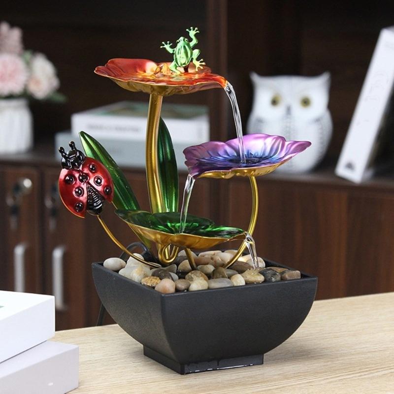 Schreibtischbrunnen Indoor Wasserfallbrunnen Blumen-Thema 3-stufig Tischbrunnen Heimdeko für Meditation Entspannung