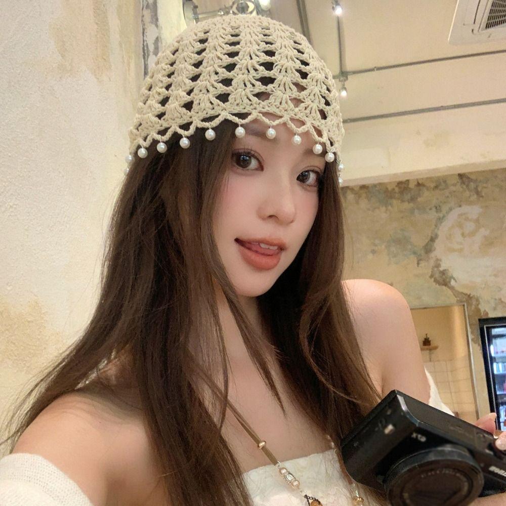 Bohemian Style Knit Beanies Beads Tassels Ethnic Style Hat Cute Crochet Hollow Knitted Hat  Girls