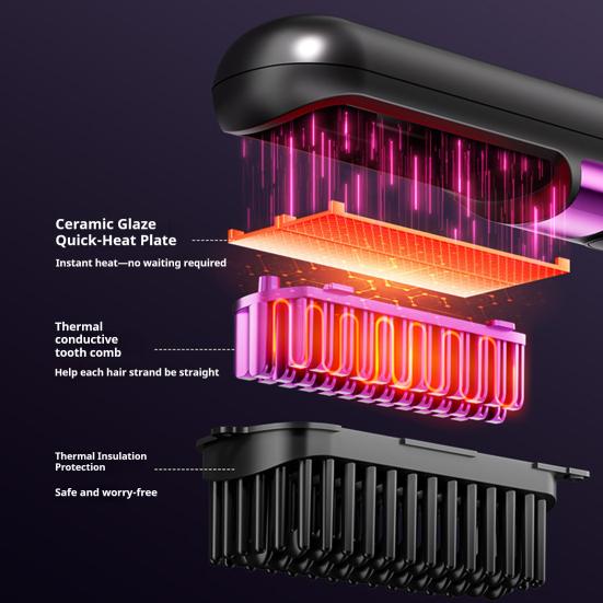 Portable Hair Straightener Brush 4 Temperature Adjustable LED Display Fast Heating Cordless Electric Hot Brush Curly Hair Styling Detangling Comb