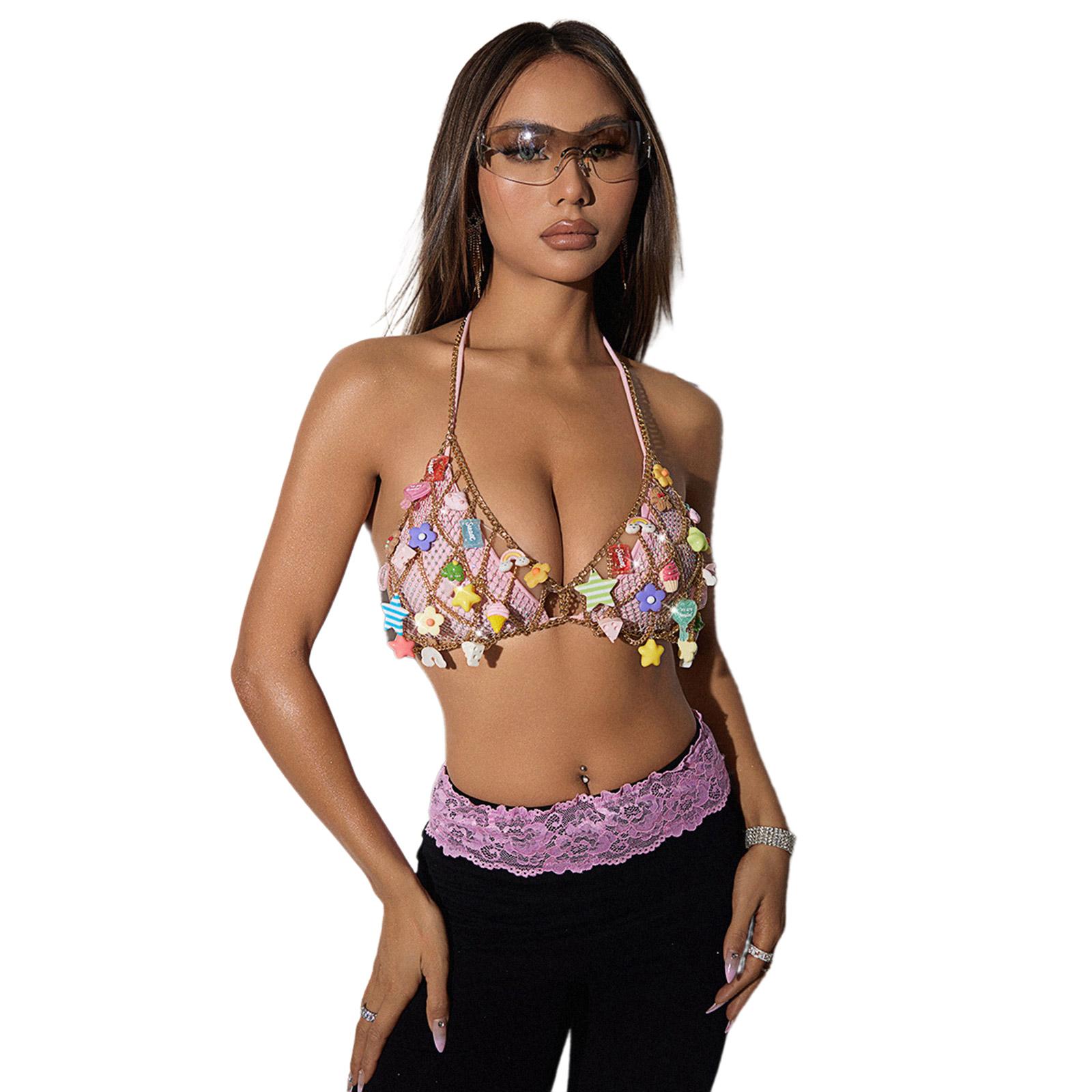 

Женские полые милые красочные амулеты бюстгальтер бикини с открытой спиной и металлической цепочкой украшения для тела ночной клуб майка бюстгальтер-бралетт