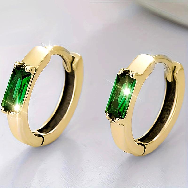 Single Baguette Cut Green Cubic Zirconia Tiny Hoop Earrings Silver Tone Four Prong Setting Minimalist Ladies Casual Accessories