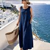 Women Summer Sleeveless Loose Fit Cotton Linen Midi Dress with Crew Neck and Practical Pockets for Casual Daily Wear