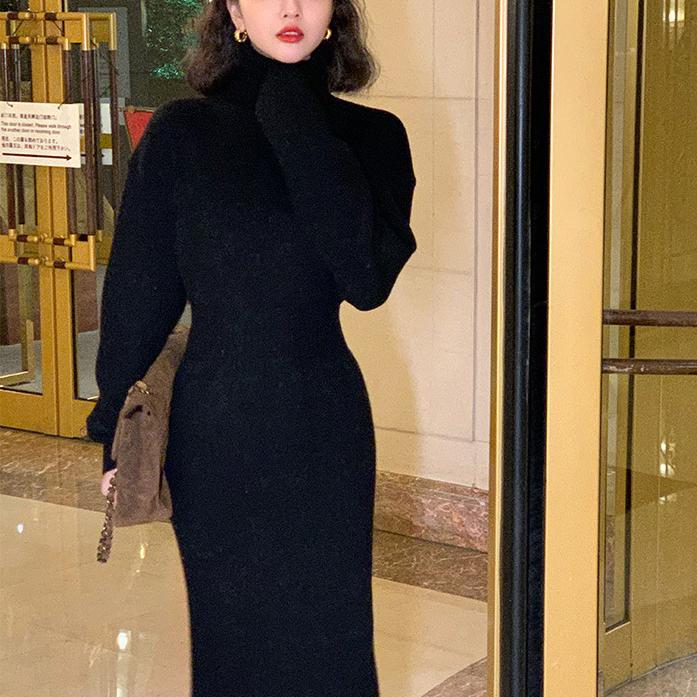 Rochie de damă cu gât roscat Pulover cu mânecă lungă Rochii cu tricot femei talie înaltă subțire toamnă iarnă pulover tricotat halat lung Nou