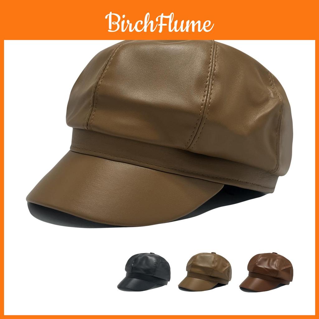 Pu Leather Octagonal Hat For Women Autumn Winter British Retro Newsboy Cap With Sun Protection And Warmth