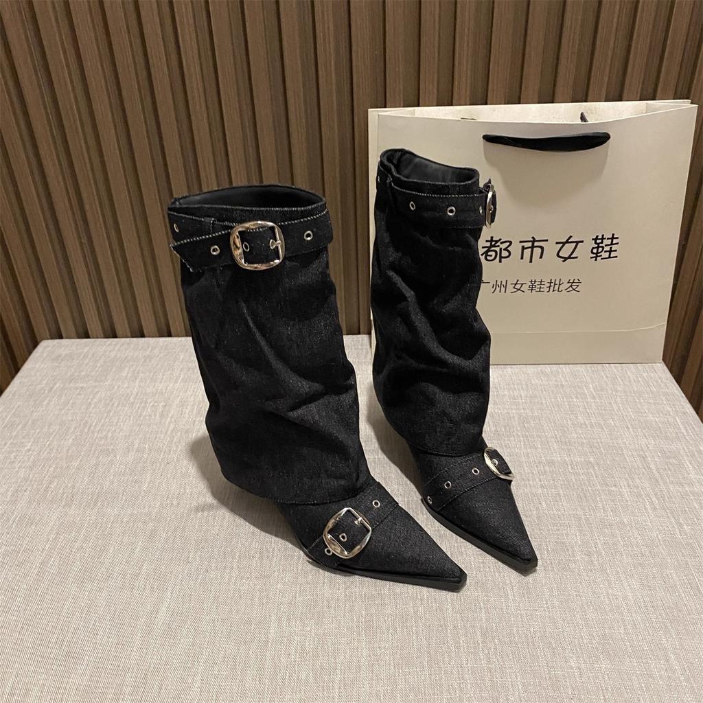 French Retro Pointed Belt Buckle Thin Heel Medium Boots Women's 2025 Autumn and Winter New Temperament Versatile High Heel Trouser Boots